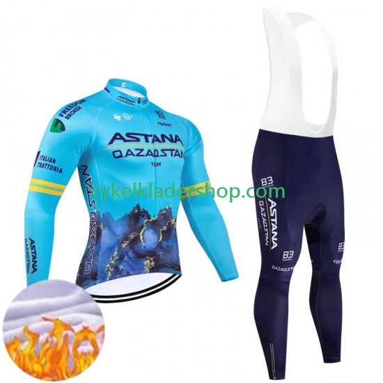Astana Qazaqstan 2024 Team Män Cykeltröja Långärmad och Bib Cykeltights Vinter Thermal Fleece