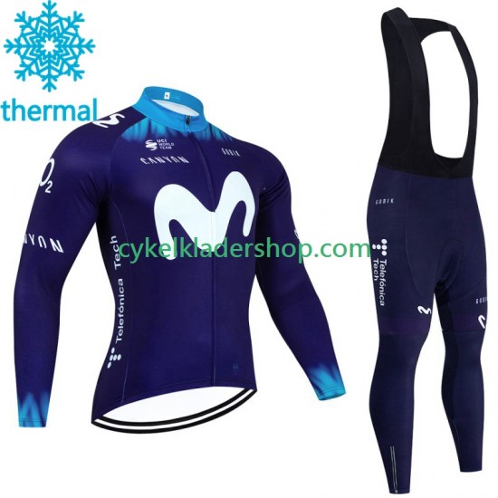 Movistar 2023 Män Cykeltröja Långärmad och Bib Cykeltights Vinter Thermal Fleece