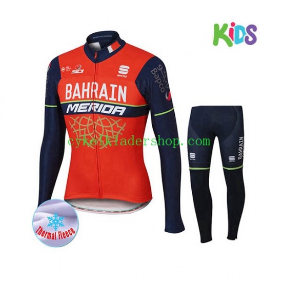 2017 Bahrain Merida Barn Cykeltröja Långärmad och Cykeltights Vinter Thermal Fleece N001