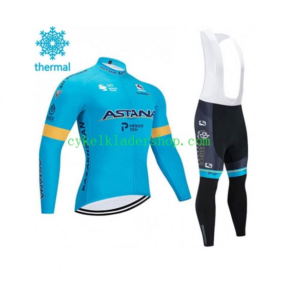 2020 Astana Pro Team Män Cykeltröja Långärmad och Bib Cykeltights Vinter Thermal Fleece N001