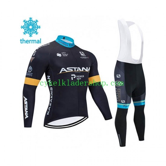 2020 Astana Pro Team Män Cykeltröja Långärmad och Bib Cykeltights Vinter Thermal Fleece N002